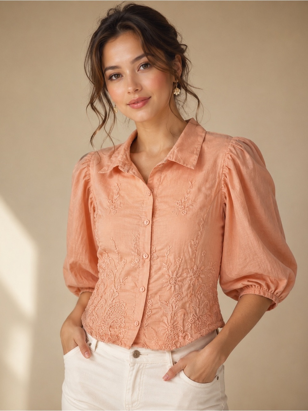 A You Fashion Peach/ Pink Embroidered Silk Blend Puff Sleeve Blouse Top M
